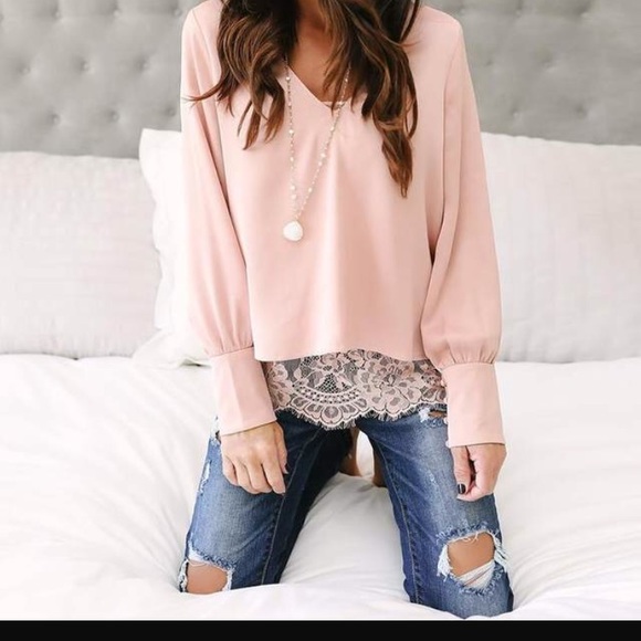 Tops - COMING SOON - Blush faux double layer lace blouse